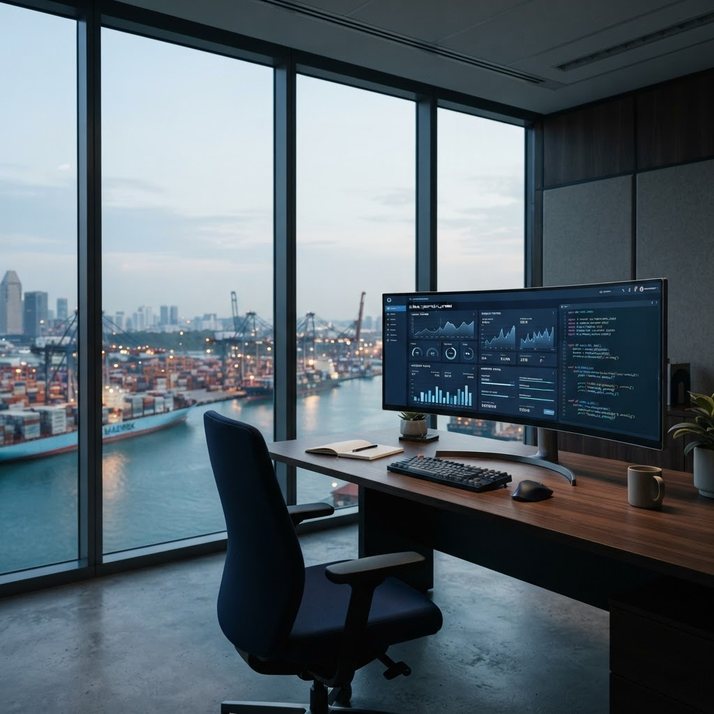A modern office overlooking a harbor, blending software dashboards with maritime commerce